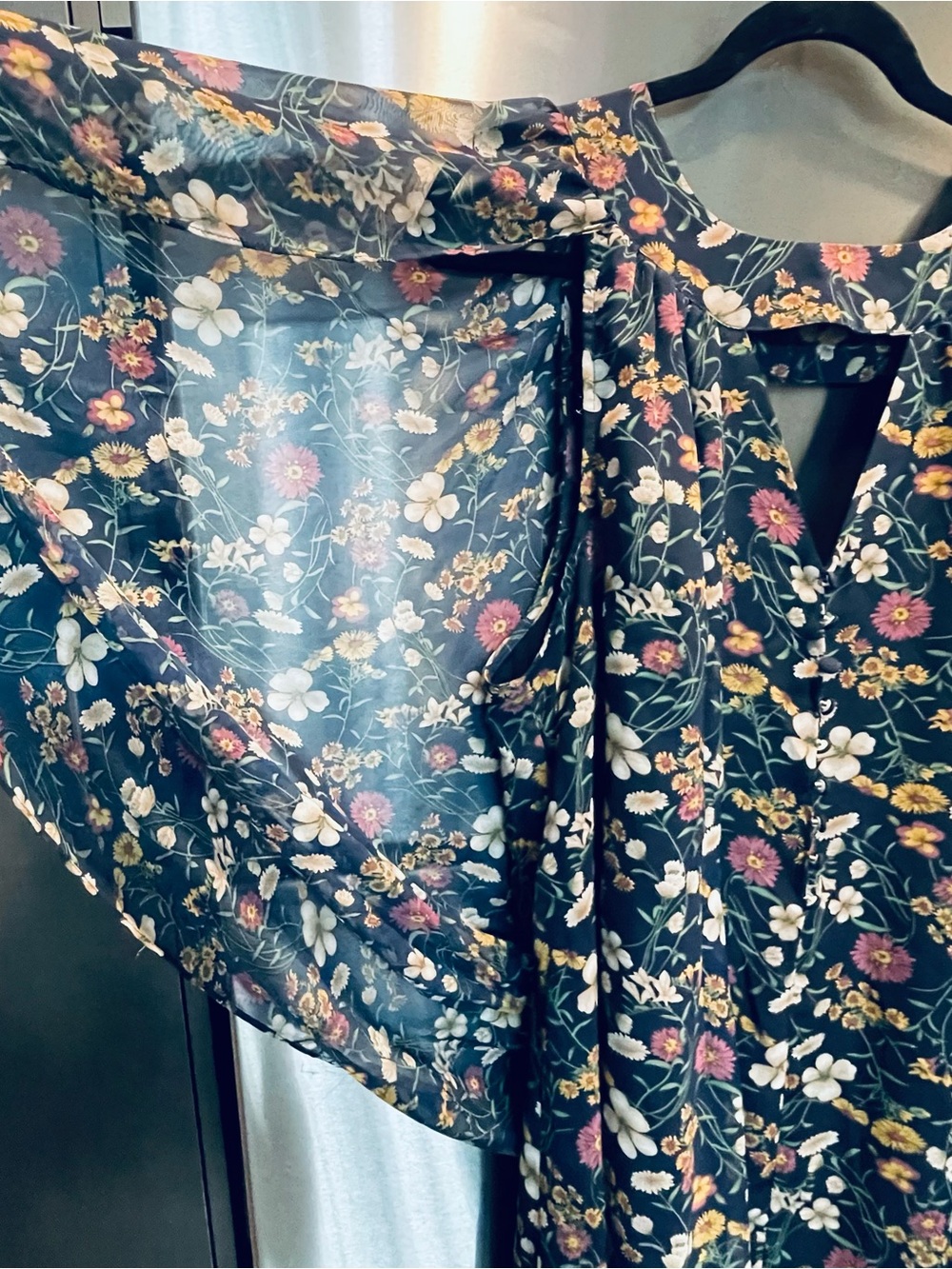 Modcloth Black Floral Keyhole Blouse with Pink and Yellow Blooms. Sleeveless
